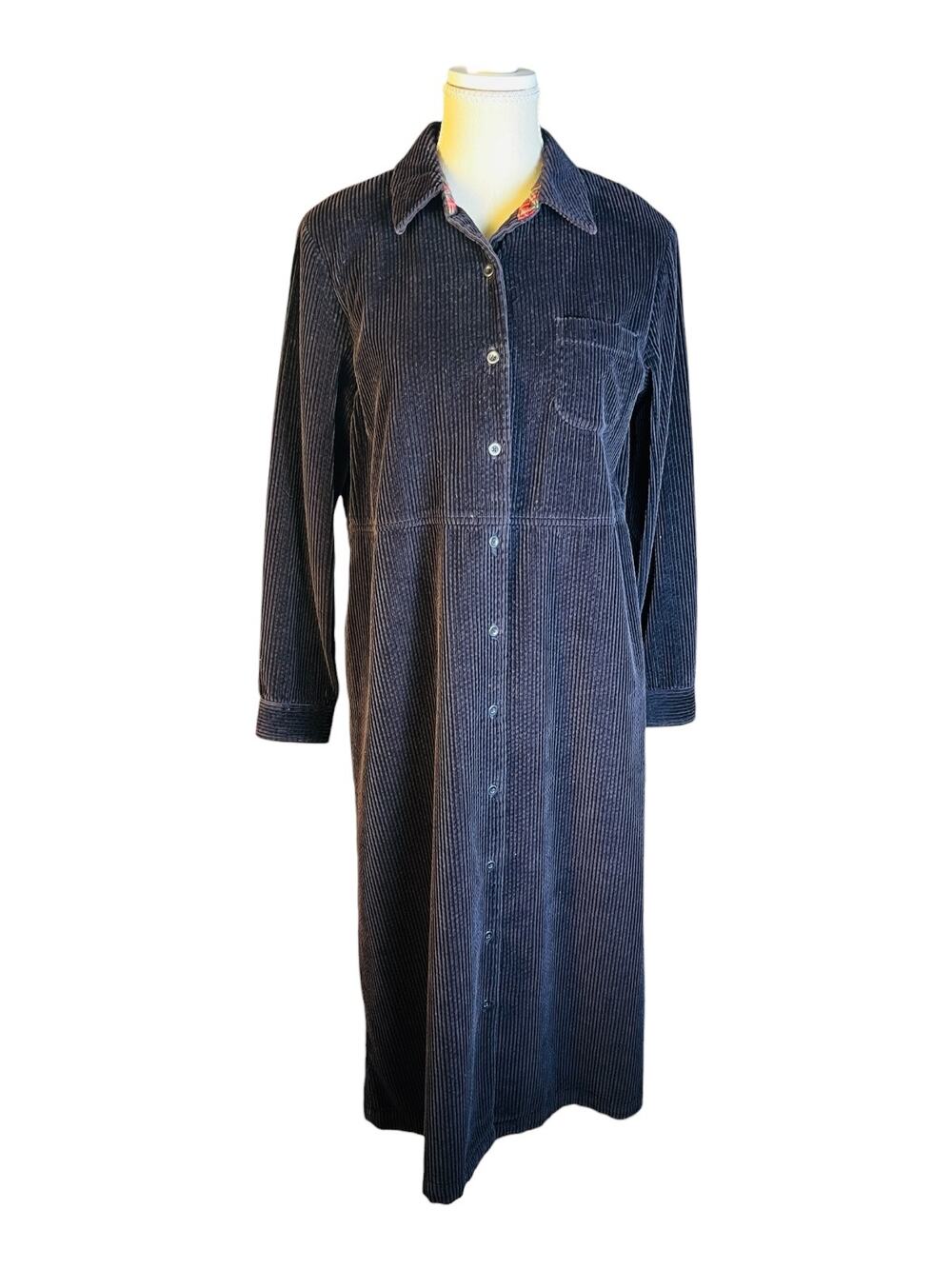 Vintage 90s Talbots Navy Blue Corduroy Button Front Maxi Shirt Dress 12P Petite